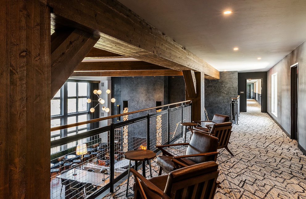 upstairs view of the dorr hotel lobby